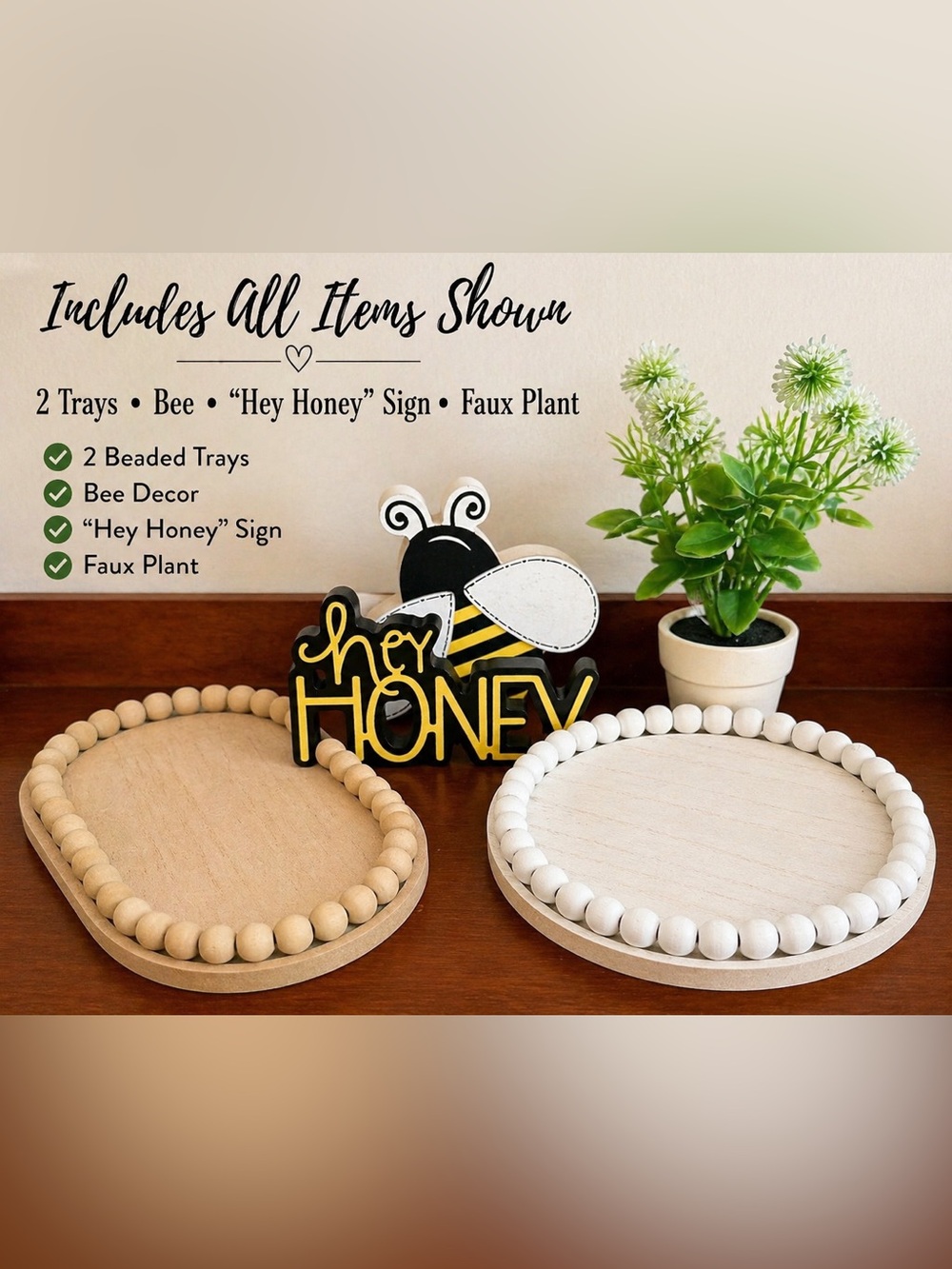 Farmhouse Bee Decor Bundle | 2 Beaded Trays + “Hey Honey” Sign + Faux Plant